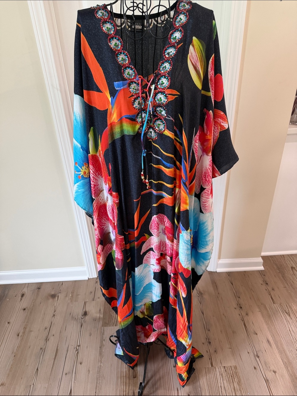 Sakkas Black Maxi Caftan with Vibrant Floral Print
